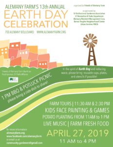 flyer advertising Alemany Farm's Earth Day Celebration, April 27, 2019, 11am - 4pm, at 700 Alemany Blvd, SF, CA