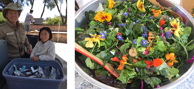 Left: A man and young girl stand by their worm bin. Right: A colorful bowl of salad with edible flowers