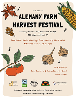 Image of flyer for Alemany Farm Harvest Festival, Oct 22, 2022, 11 am to 3 pm, including information displayed in this post.
