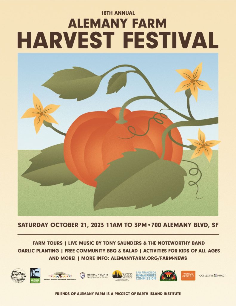 Image of Alemany Farm Harvest Festival 2023 flyer, featuring illustration of pumpkin on a vine, with info about event included in this web post.